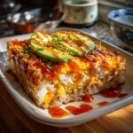 A slice of Irresistible Sushi Bake Recipe Easy Delicious Delight topped with avocado, sesame seeds, and sauce.