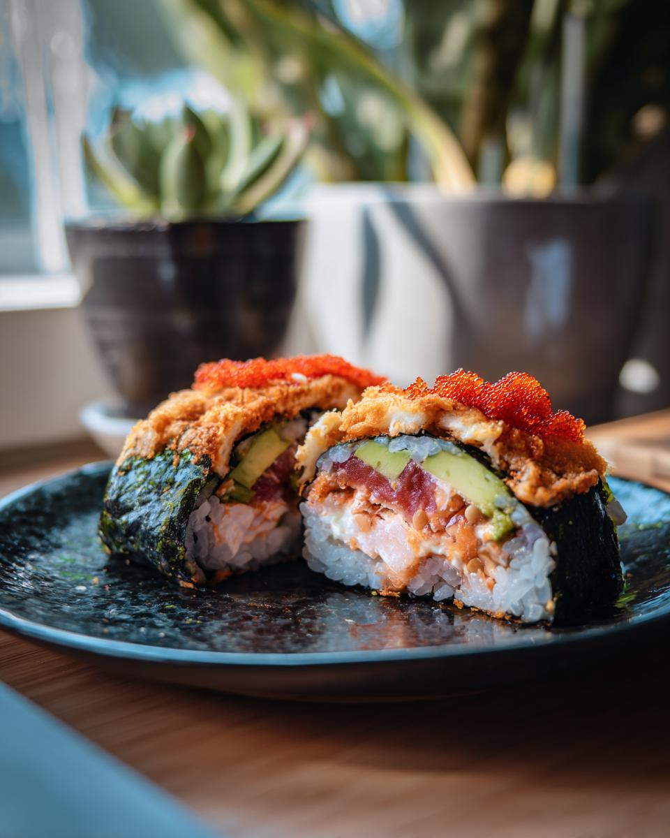 Close-up of a delicious sushi bake roll, showcasing layers of rice, avocado, tuna, and roe.