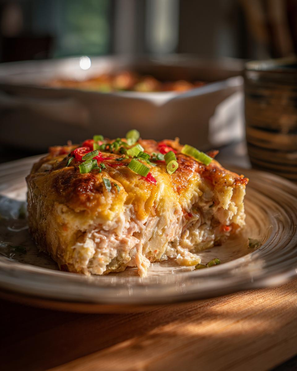 A close-up of a slice of Irresistible Sushi Bake Recipe Easy Delicious Delight, topped with chili and green onions.