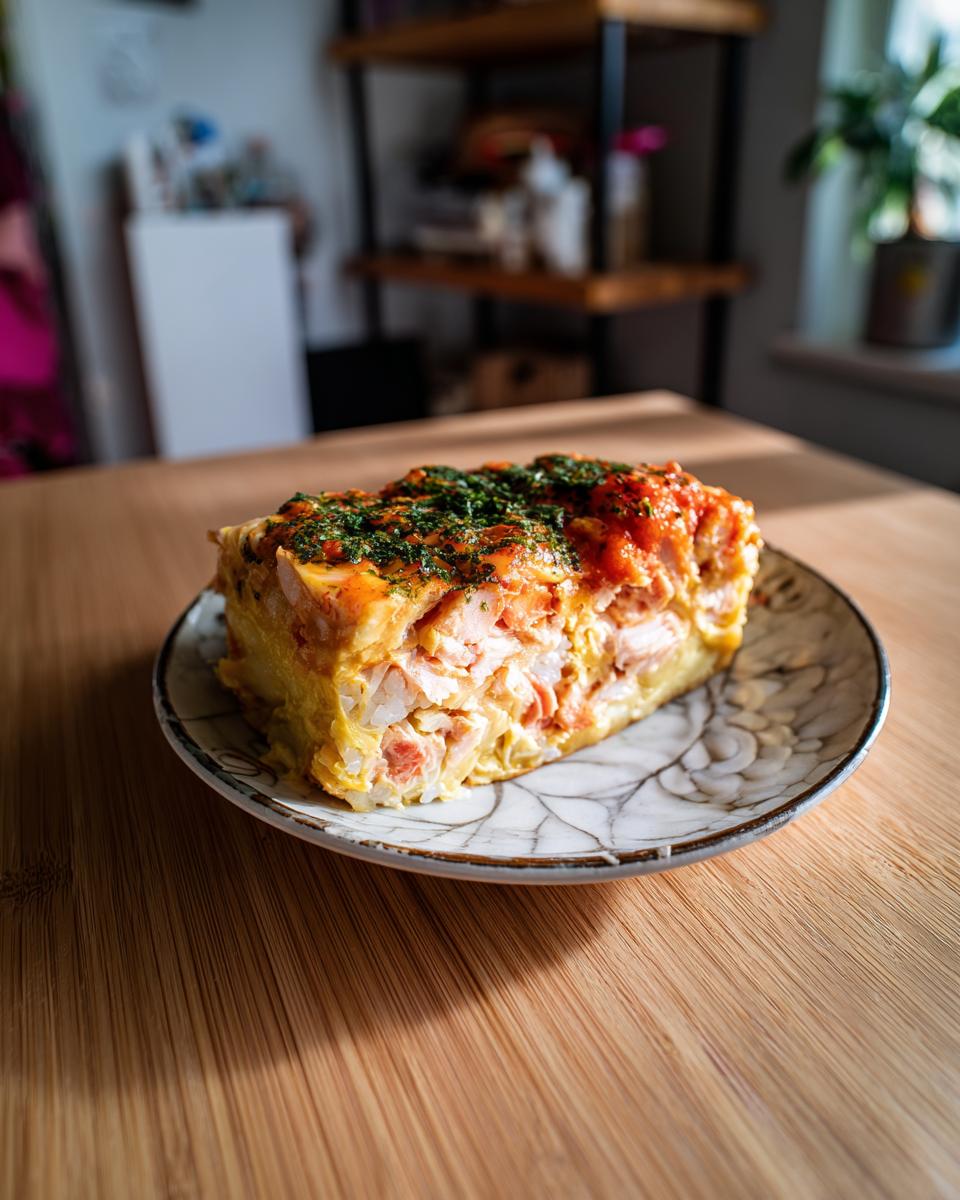 A slice of Irresistible Sushi Bake Recipe, featuring layers of rice, salmon, and creamy sauce, topped with nori and chili sauce.