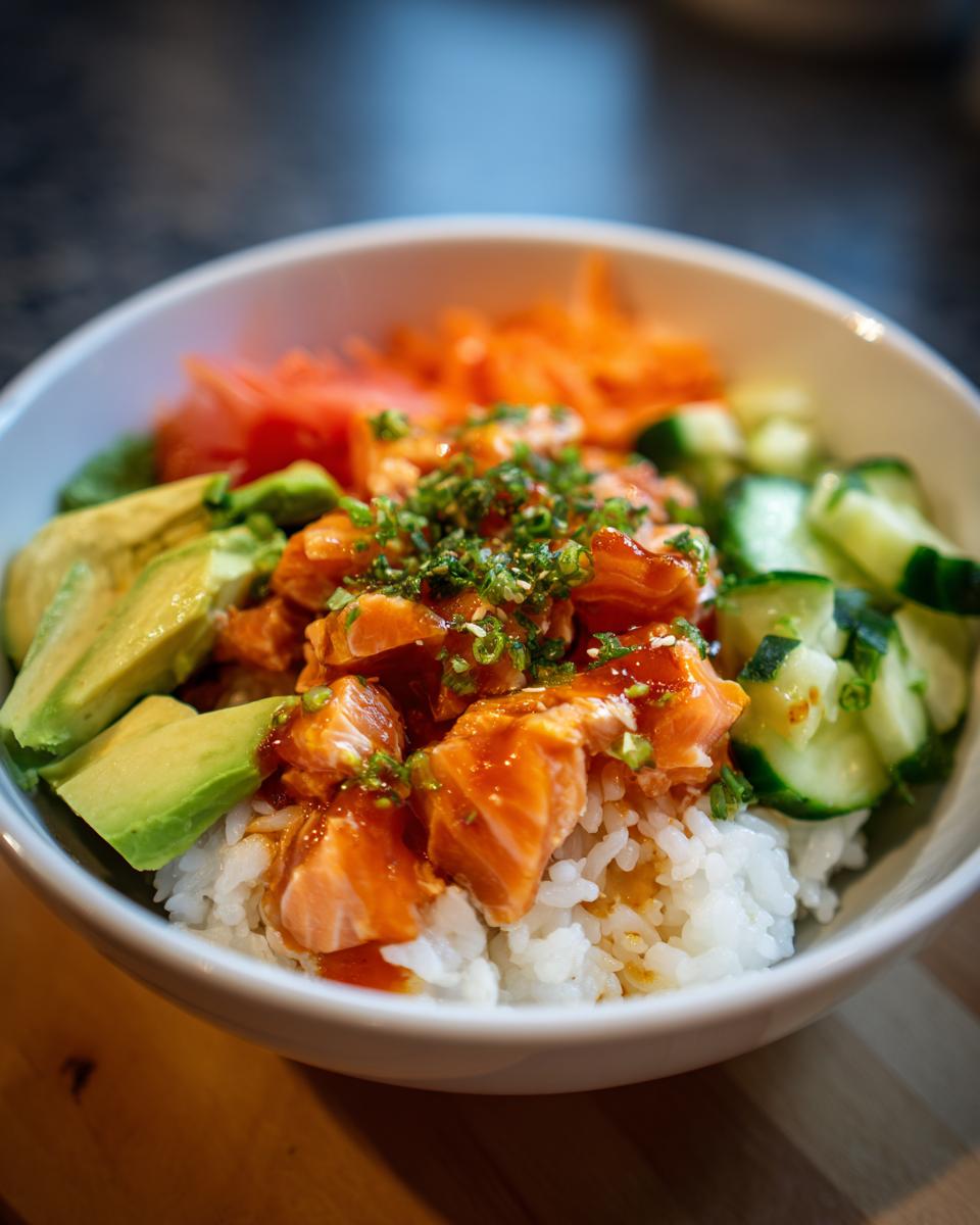 Close-up of an Irresistible Sushi Bowl featuring rice, salmon, avocado, cucumber, and pickled ginger.