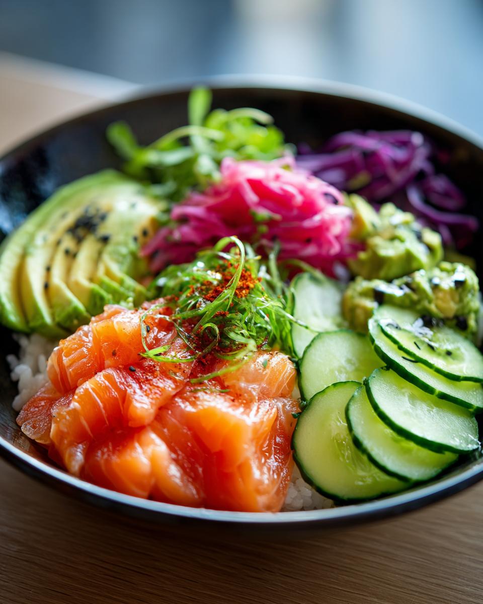 Close-up of an irresistible sushi bowl featuring fresh salmon, sliced avocado, cucumber, and pickled red cabbage.