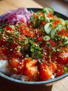 A vibrant and Irresistible Sushi Bowl featuring fresh salmon, rice, sliced cucumber, pickled red onion, and tobiko.