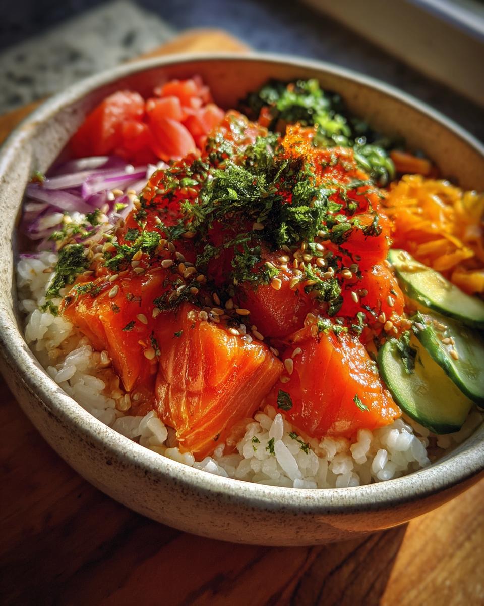 Close-up of an irresistible sushi bowl featuring fresh salmon cubes over rice, topped with herbs and sesame seeds.