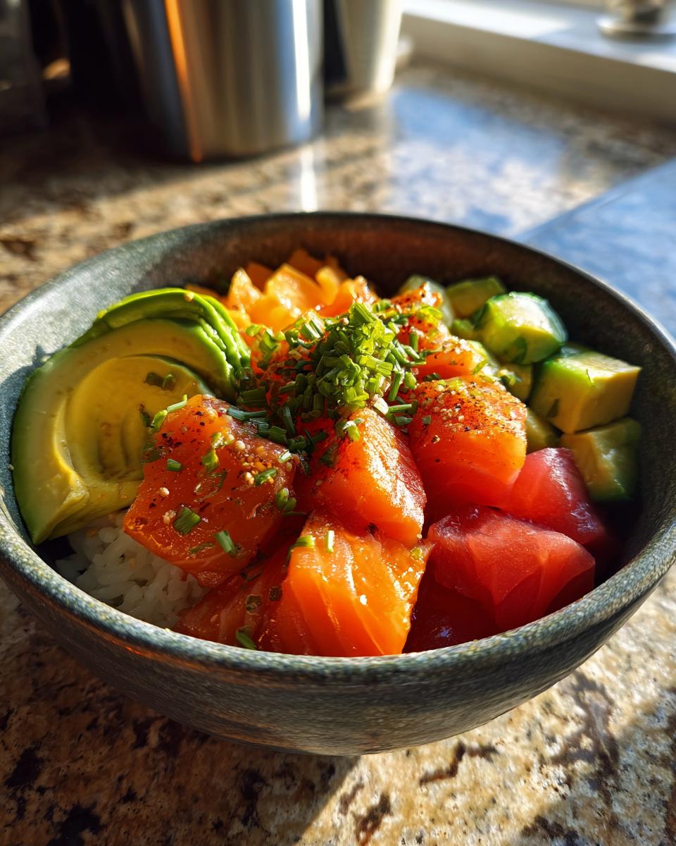 Close-up of an Irresistible Sushi Bowl with fresh salmon, tuna, avocado, and cucumber over rice.