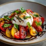 A close-up of a Memorial Day Burrata Salad with heirloom tomatoes, fresh basil, and a balsamic glaze.