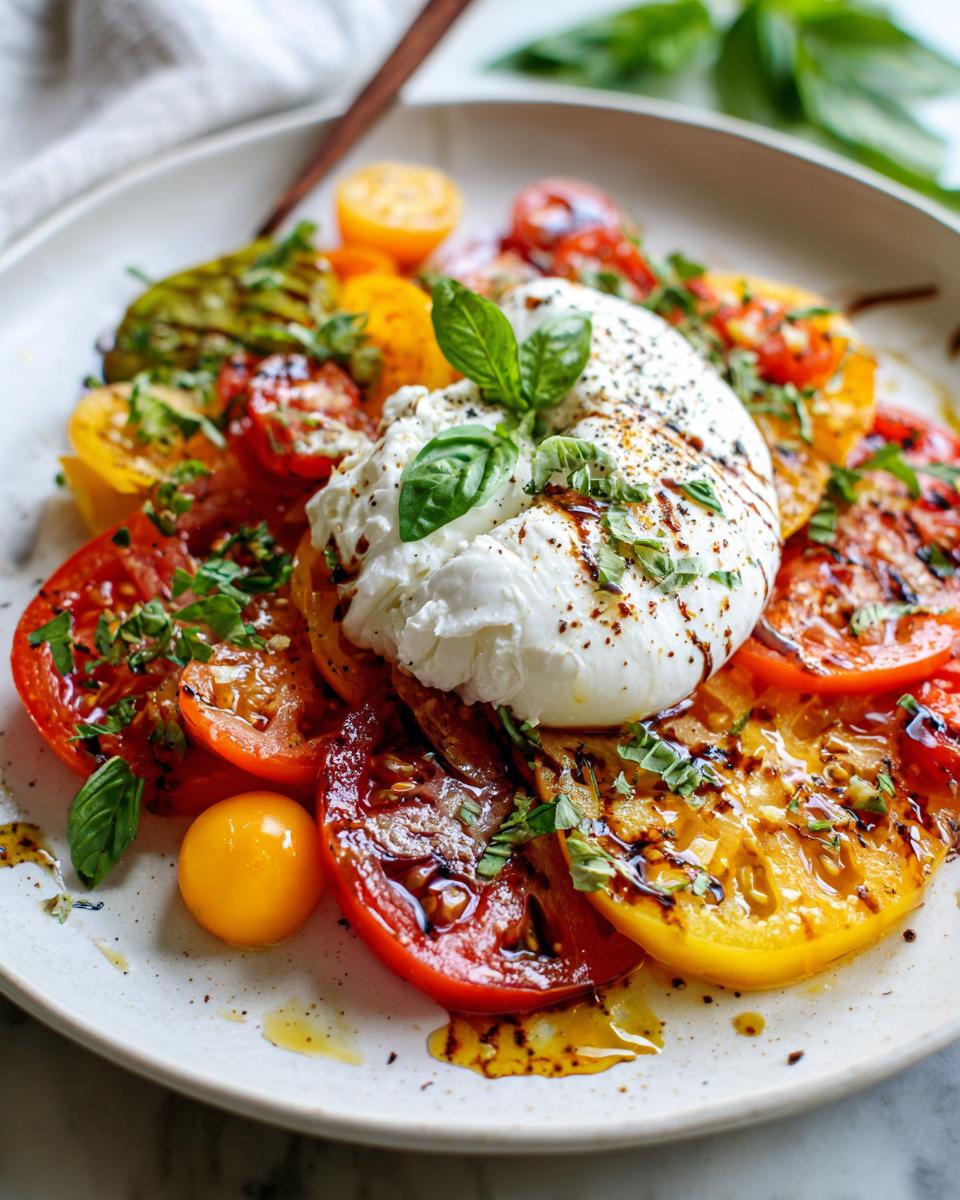 A beautiful Memorial Day Burrata Salad featuring heirloom tomatoes, creamy burrata cheese, and fresh basil.