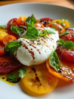 A beautiful Memorial Day Burrata Salad featuring heirloom tomatoes, creamy burrata cheese, fresh basil, and a balsamic glaze.