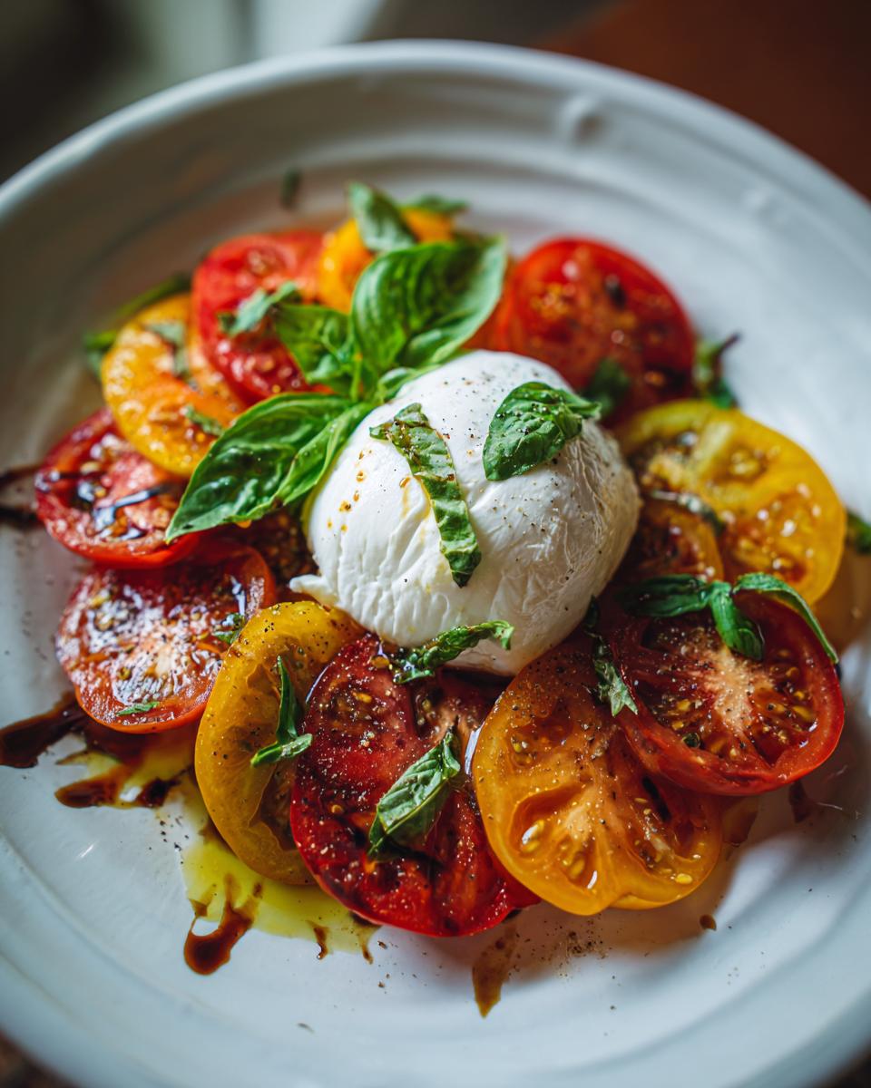 A fresh Memorial Day Burrata Salad featuring creamy burrata cheese surrounded by vibrant heirloom tomatoes and basil leaves.