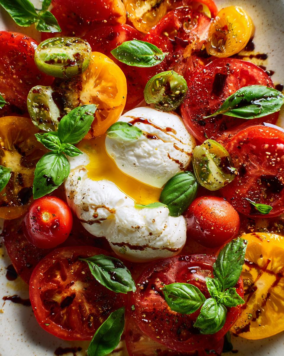 Close-up of Memorial Day Burrata Salad with heirloom tomatoes, fresh basil, and balsamic glaze.