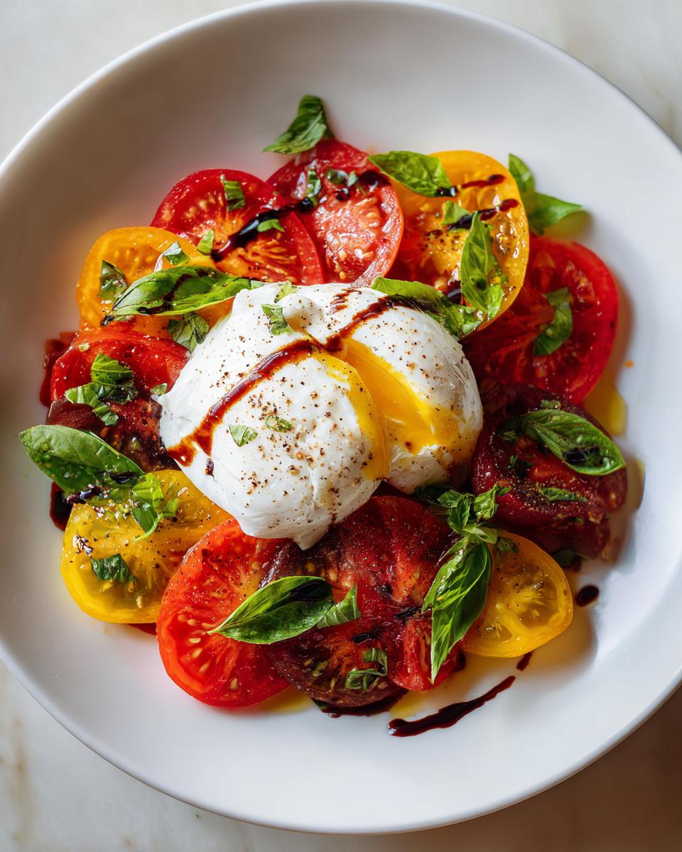 A vibrant Memorial Day Burrata Salad featuring sliced heirloom tomatoes, creamy burrata cheese, fresh basil, and a balsamic glaze.
