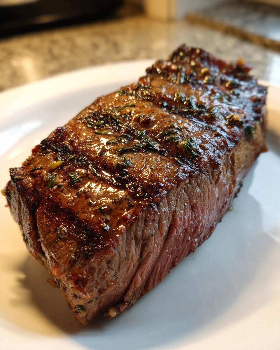 A perfectly grilled flank steak, seasoned with herbs and spices, ready for Memorial Day.