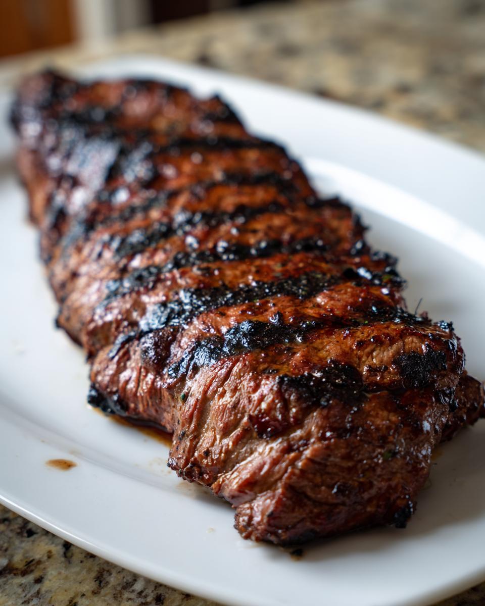 A perfectly grilled flank steak with char marks, served on a white platter, ready for Memorial Day.