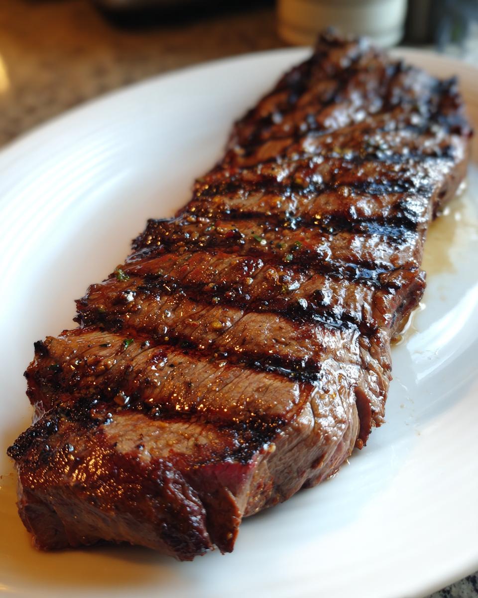 A perfectly grilled flank steak with char marks, seasoned and juicy, served on a white plate.