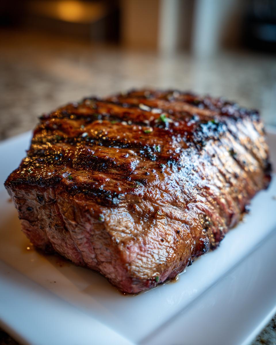 A perfectly grilled flank steak with char marks, seasoned and resting on a white plate, ready for Memorial Day.