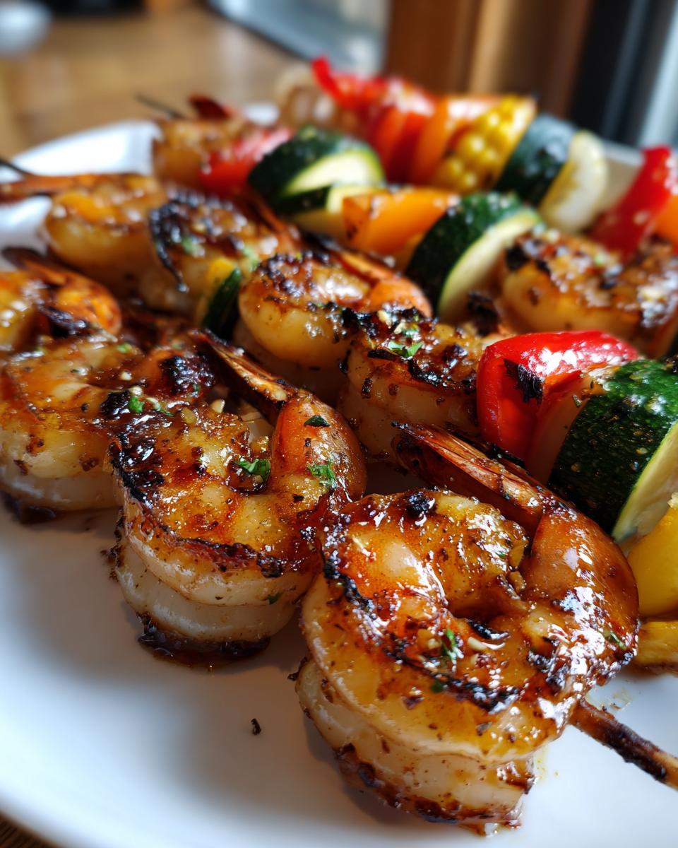 Close-up of perfectly grilled shrimp skewers with colorful vegetables, ideal for Memorial Day.