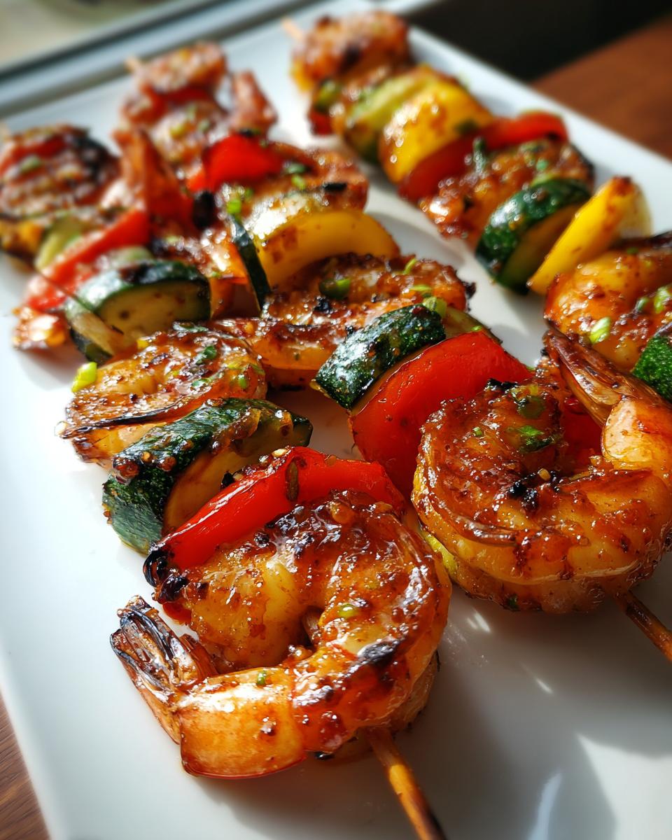 Close-up of glistening grilled shrimp skewers with zucchini, bell peppers, and a savory glaze.