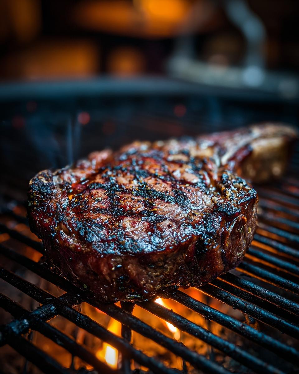 A juicy, perfectly grilled steak cooking over open flames on a barbecue grill.