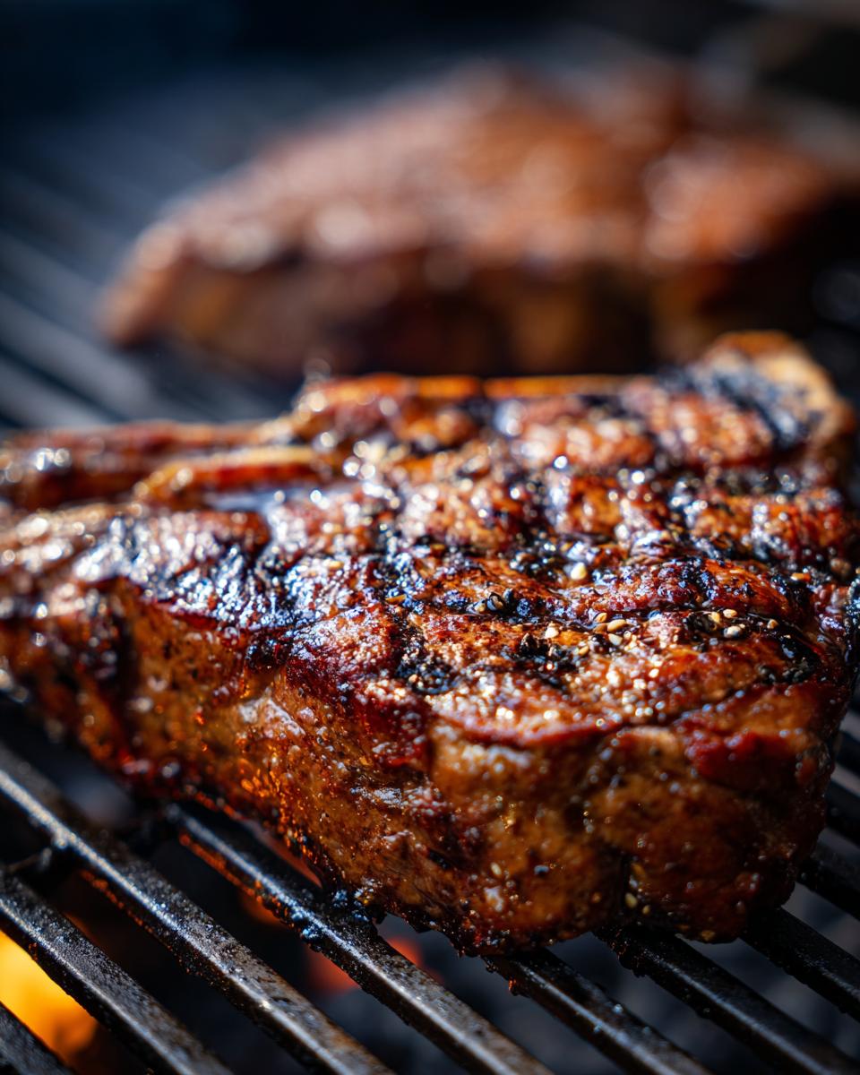 Close-up of a juicy Memorial Day grilled steak with grill marks on a barbecue.