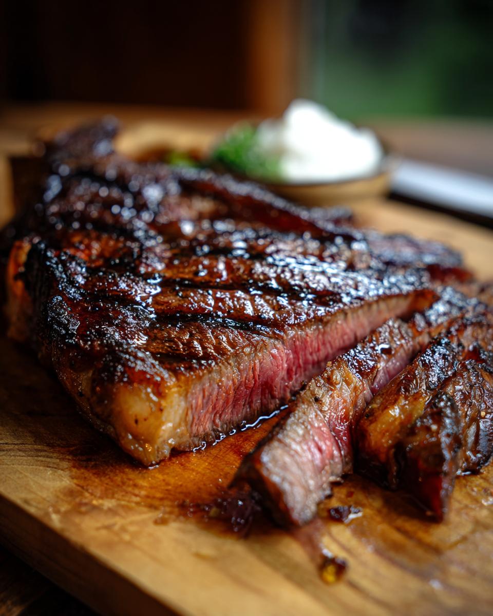 Close-up of a perfectly grilled ribeye steak, sliced and served on a wooden board with a side of sauce.
