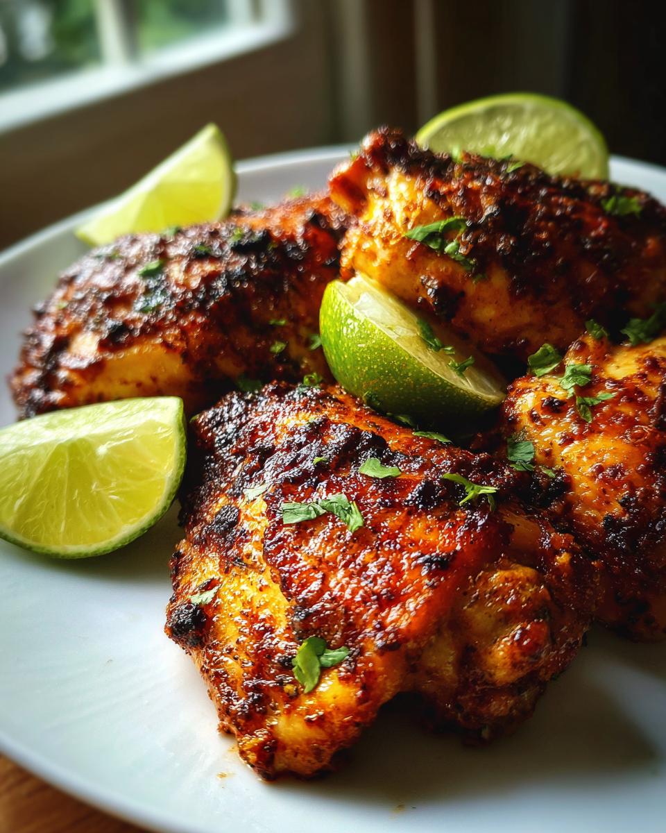 Close-up of seasoned Mexican chicken pieces garnished with lime wedges and cilantro.