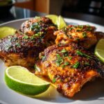 Close-up of seasoned Mexican chicken thighs garnished with fresh cilantro and lime wedges.