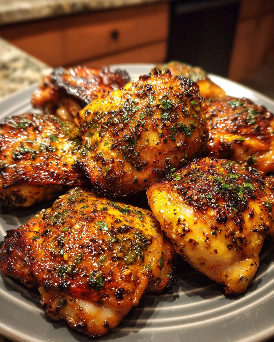 Close-up of a plate piled high with seasoned and roasted Mexican chicken thighs, sprinkled with fresh herbs.