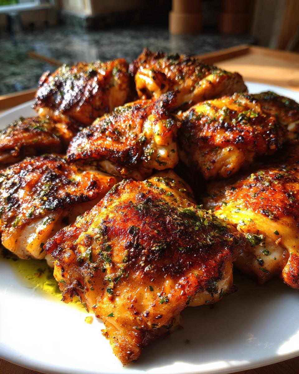 A plate full of perfectly roasted Mexican chicken thighs, seasoned with herbs and spices, ready for Memorial Day.
