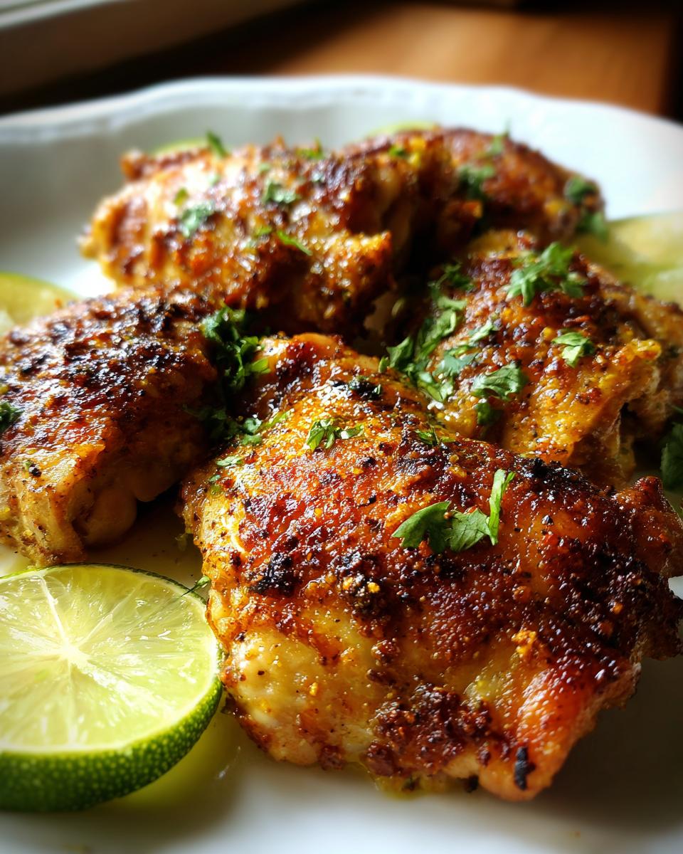 Close-up of seasoned and roasted Mexican chicken thighs garnished with cilantro and lime wedges.