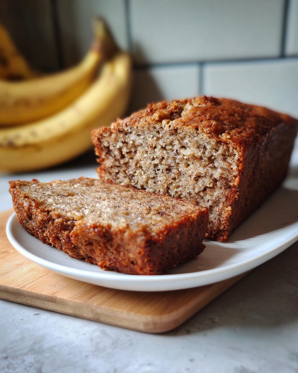 A moist loaf of Banana Bread sliced on a white plate, with whole bananas blurred in the background.