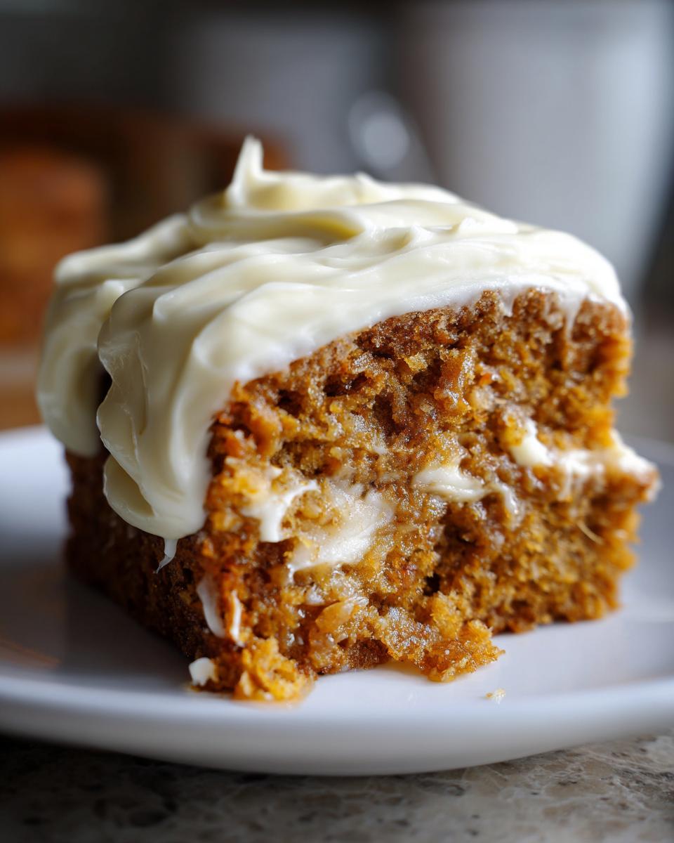 Close-up of a moist slice of Banana Cake With Cream Cheese Frosting on a white plate.
