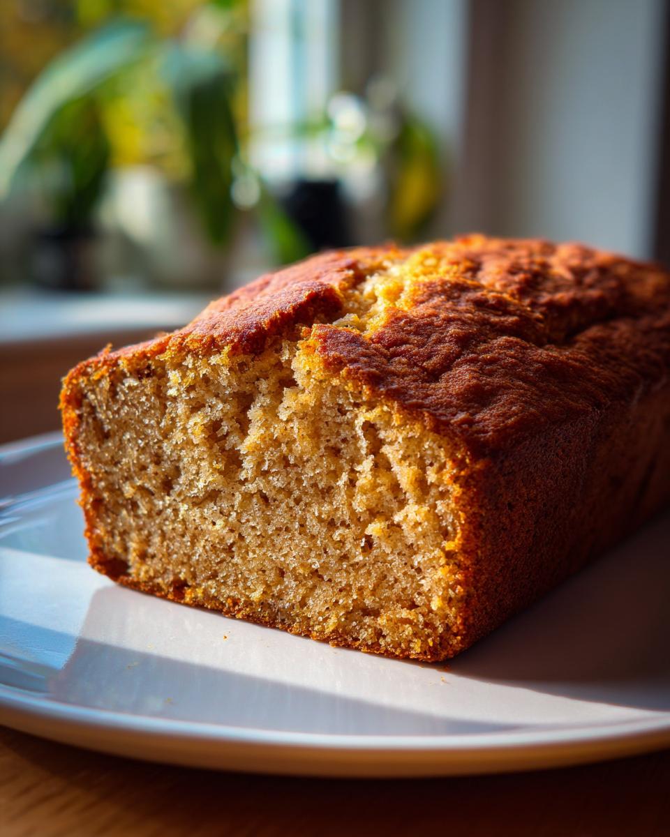 A close-up view of a moist, golden-brown Banana Pound Cake loaf resting on a white plate, catching warm sunlight.