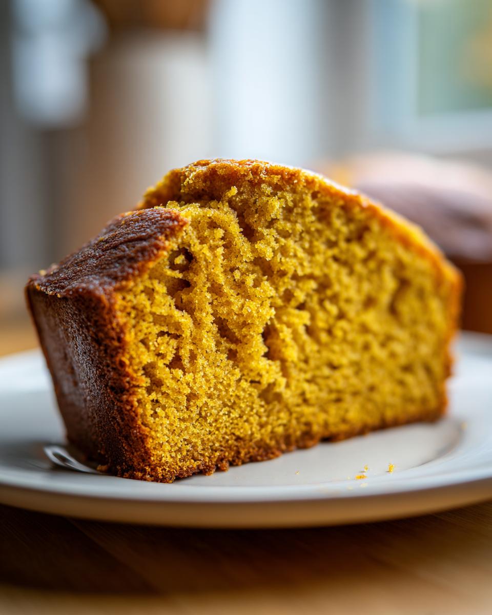 Close-up of a thick, moist slice of golden Banana Pound Cake showing its dense crumb structure.