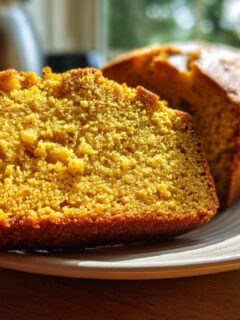 Close-up of a moist, golden slice of Banana Pound Cake on a plate with the rest of the loaf in the background.