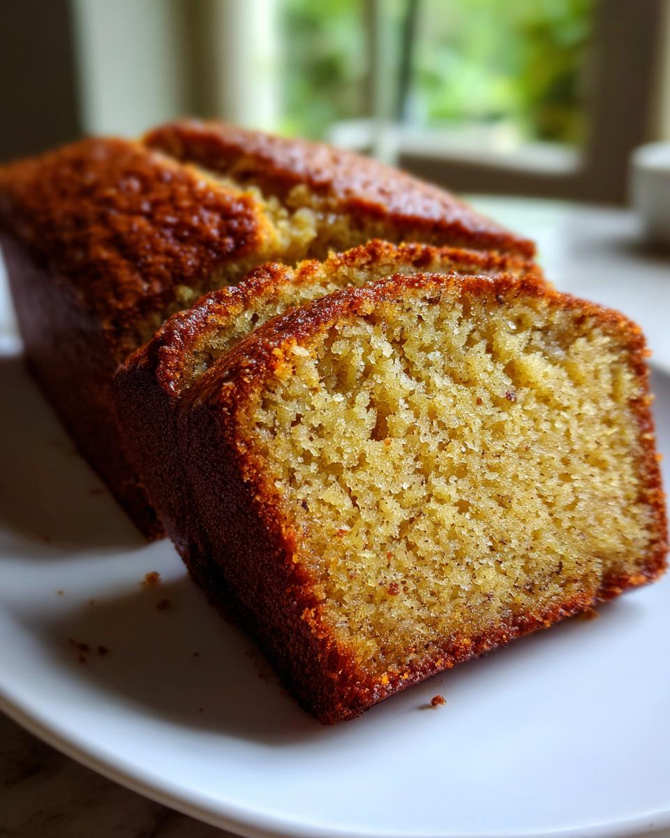 Close-up of two thick slices cut from a loaf of moist Banana Pound Cake on a white plate.