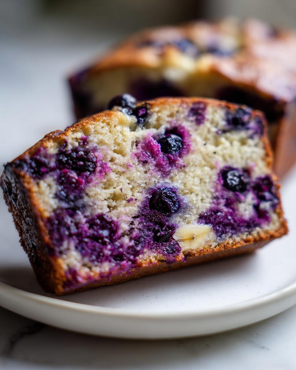 Close-up of a moist slice of Blueberry Banana Bread showing vibrant purple blueberries baked into the crumb.