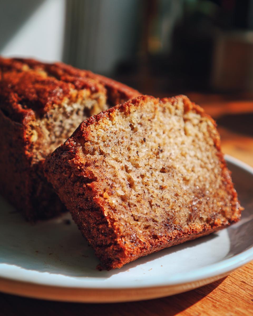 A close-up shot of a thick, moist slice of homemade Banana Bread sitting on a light blue plate.