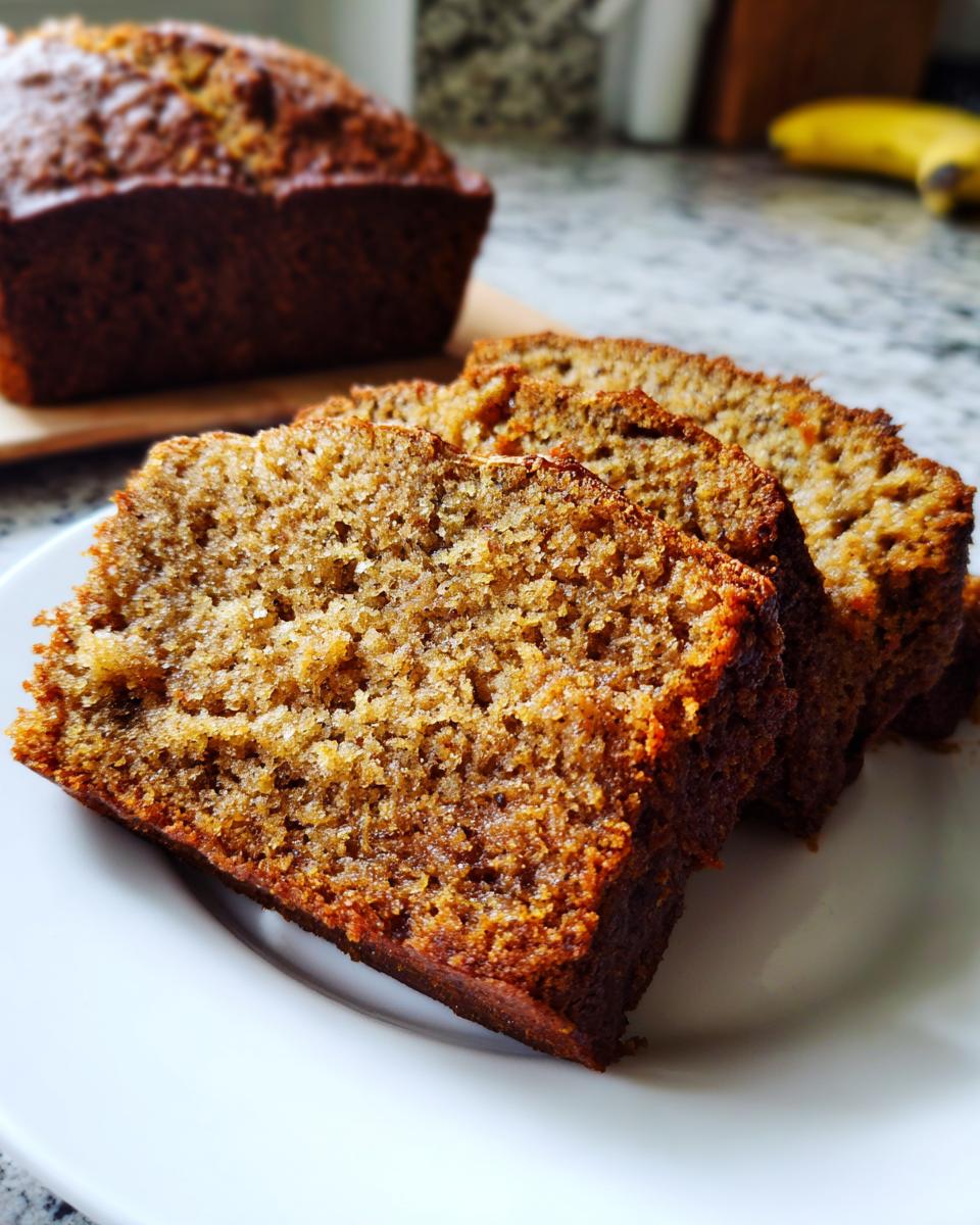 Close-up of three moist slices of Banana Bread served on a white plate, with the loaf visible in the background.