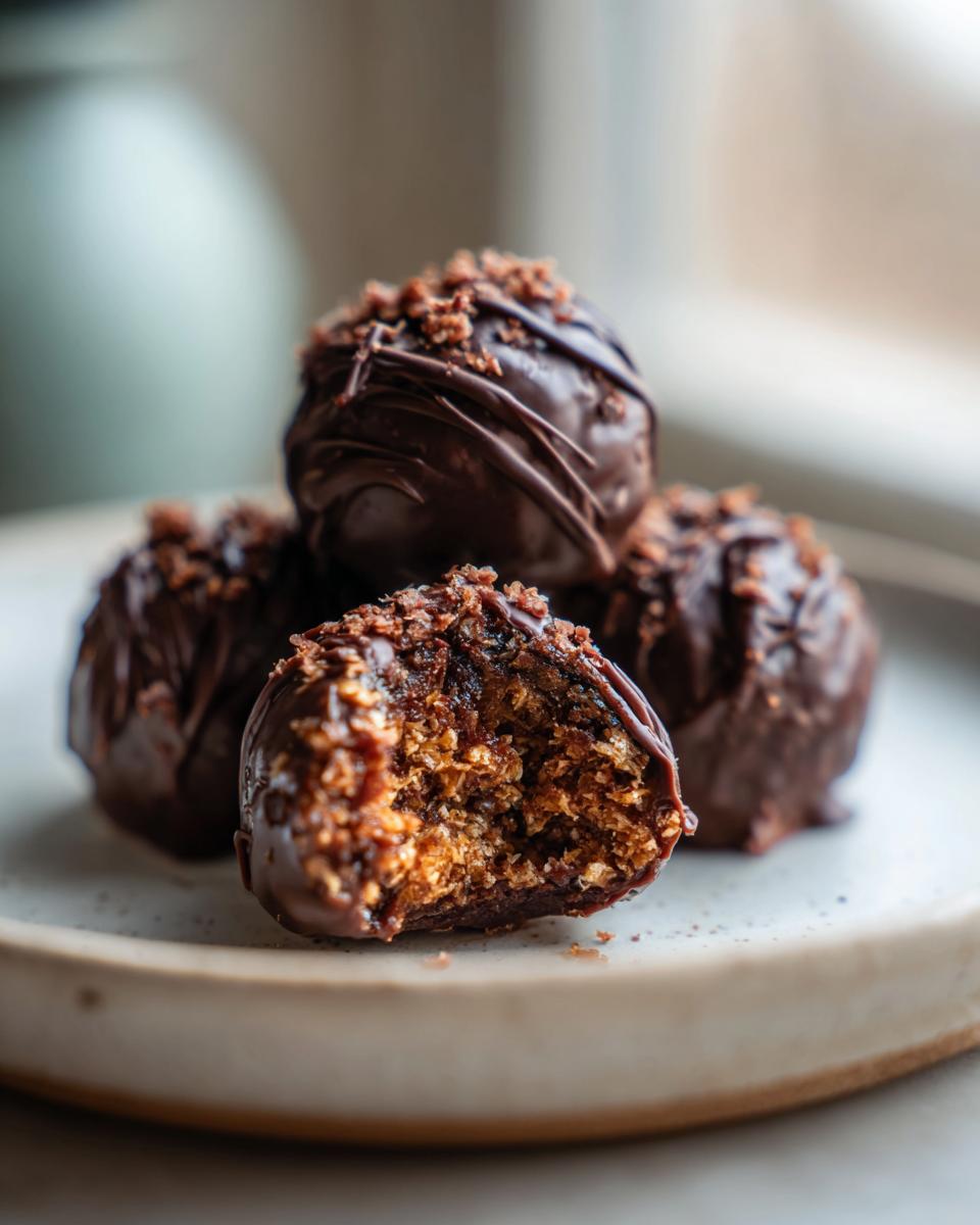 A stack of rich, chocolate-covered Bourbon Balls, one cut in half showing the textured interior.