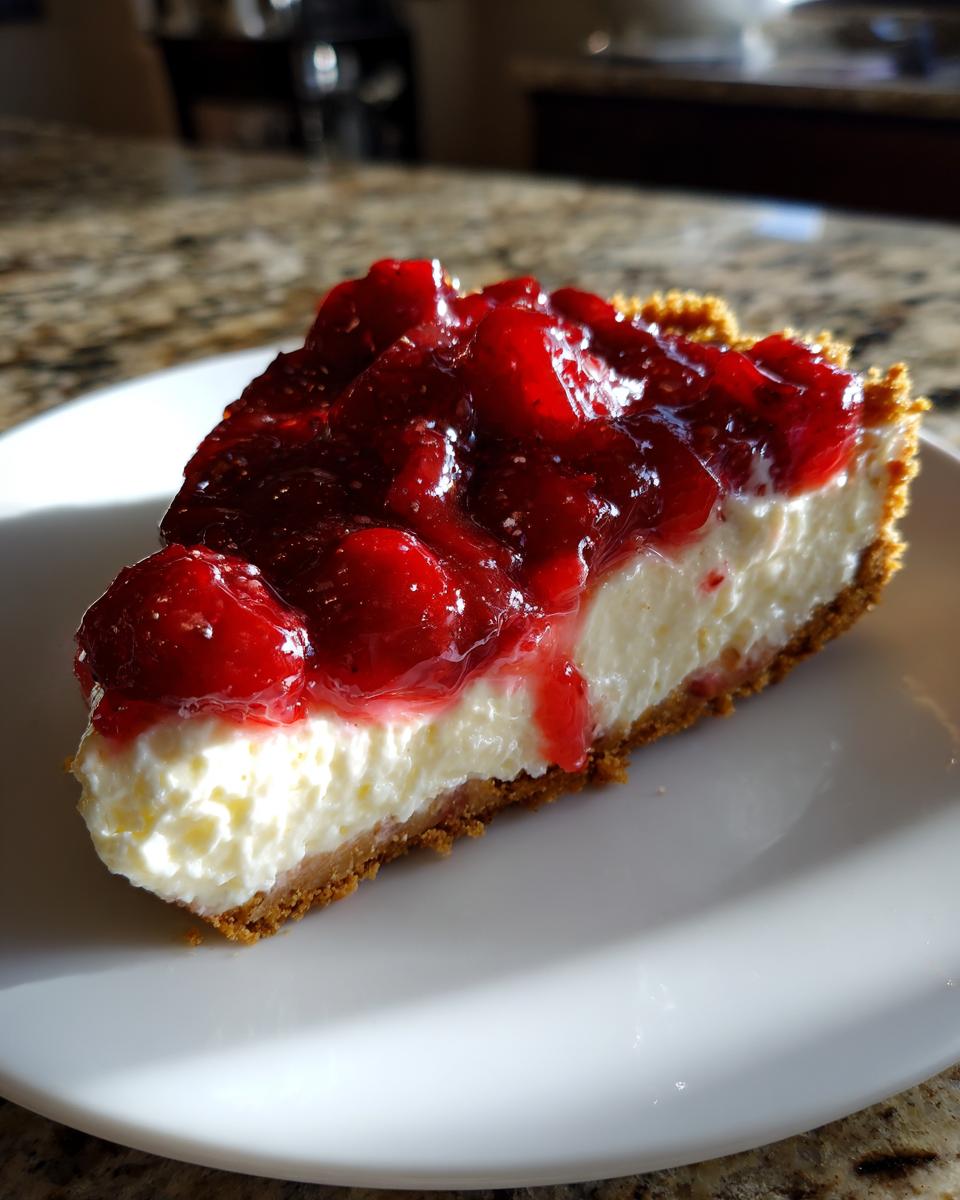 A slice of Irresistible No Bake Cherry Cheesecake Delight on a white plate, showcasing the creamy filling and bright cherry topping.
