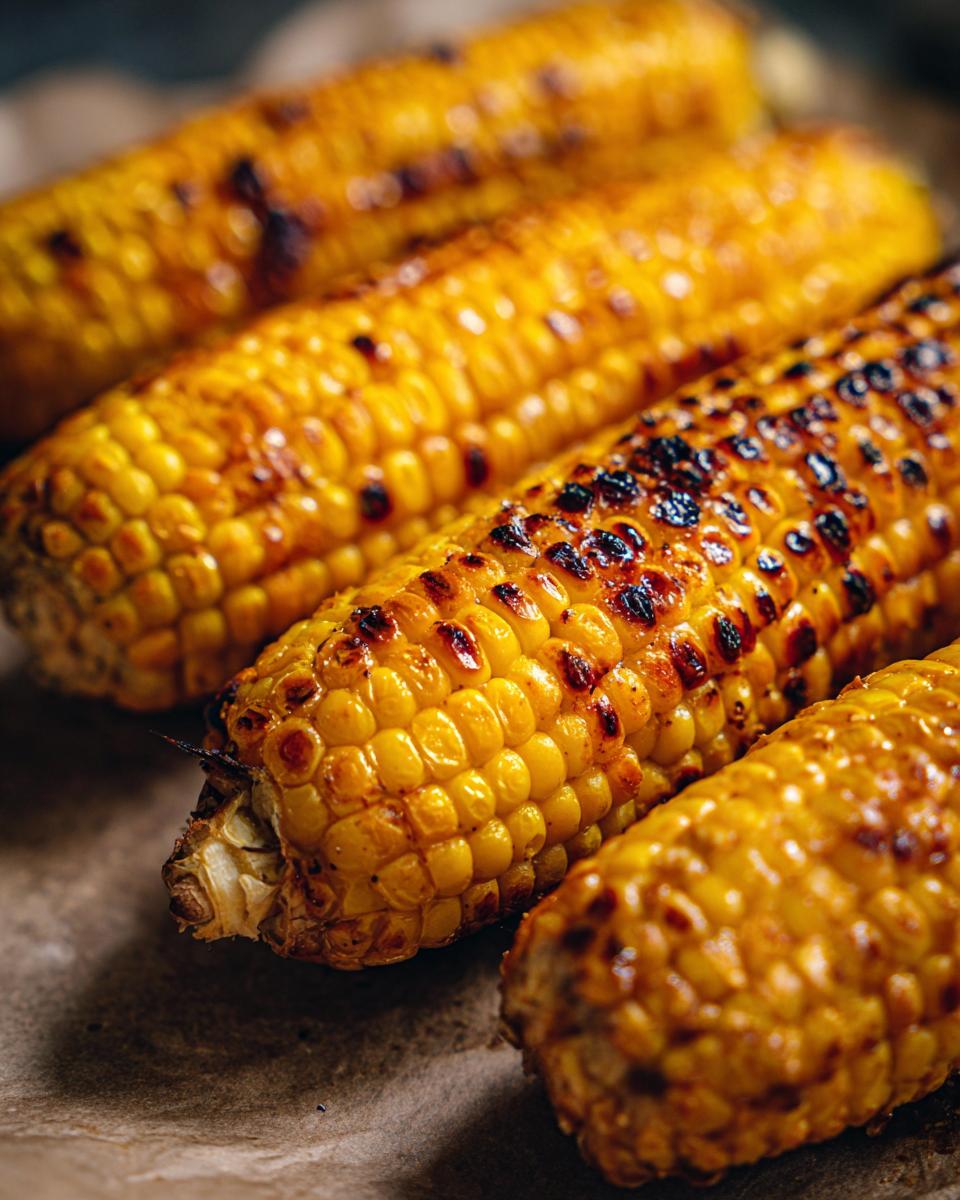 Close-up of perfectly cooked air fryer corn on the cob with slightly charred kernels.