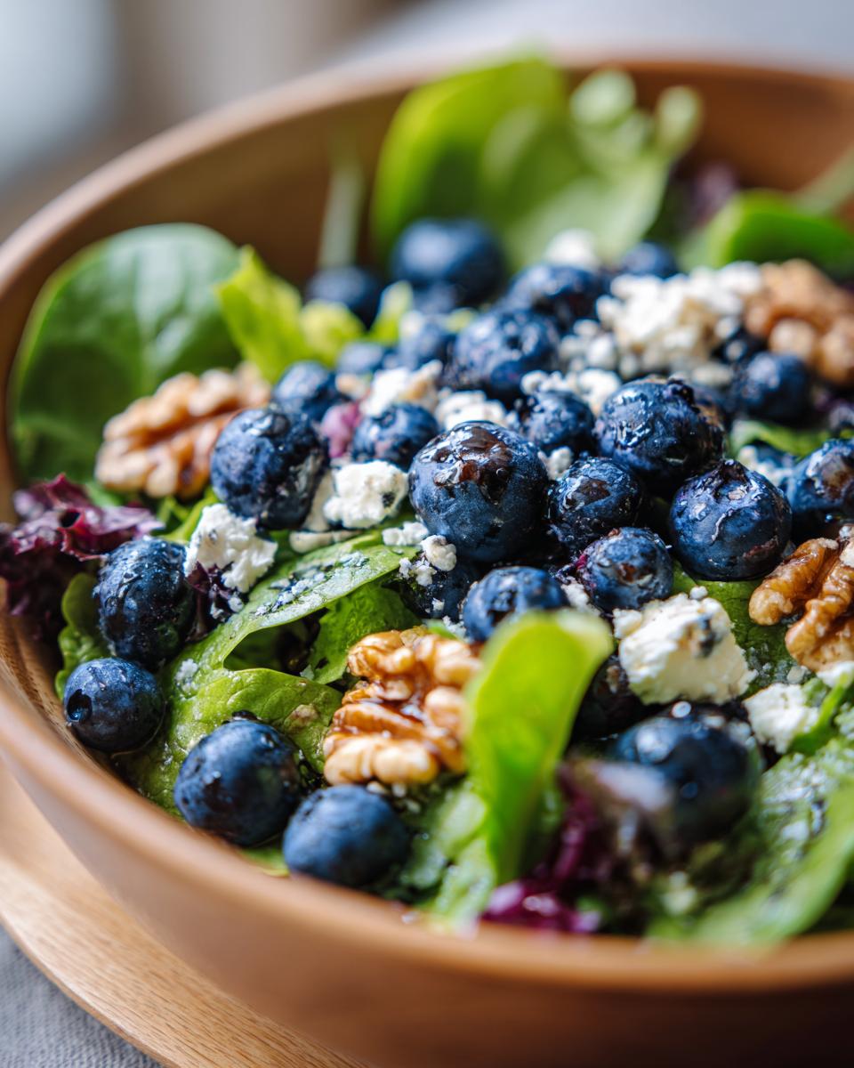 Close-up of a refreshing blueberry salad with walnuts and feta cheese in a wooden bowl.