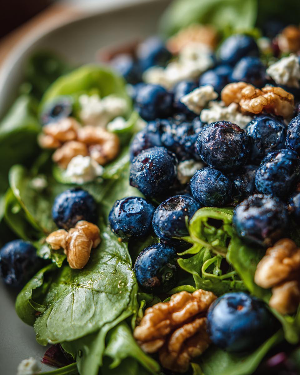 Close-up of a Refreshing Blueberry Salad With Walnuts and Feta, showcasing fresh blueberries, green leaves, and crumbled cheese.