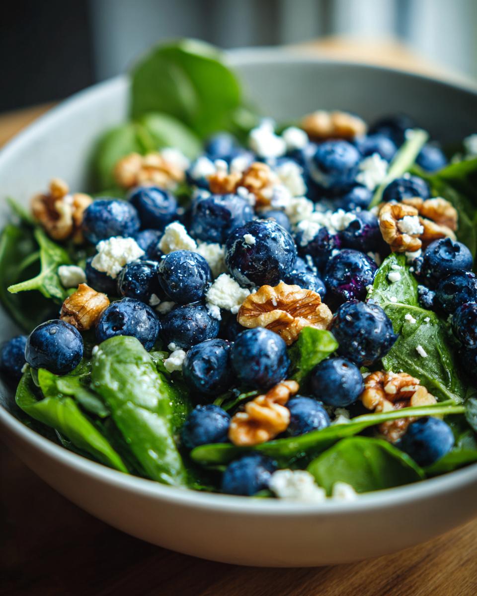 Close-up of a refreshing blueberry salad with spinach, feta cheese, and walnuts, perfect for summer.