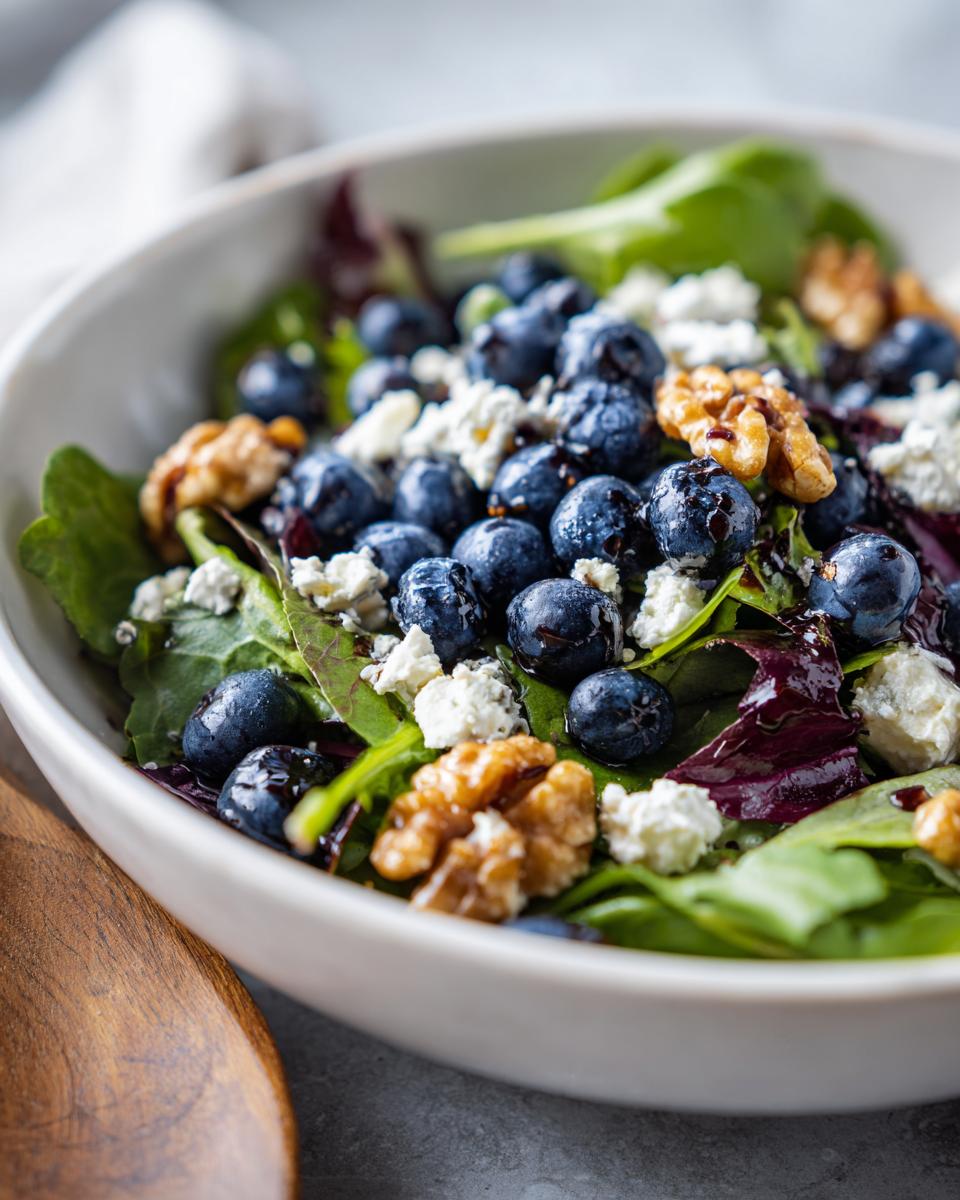 A close-up of a refreshing blueberry salad with walnuts and feta cheese, perfect for summer bliss.