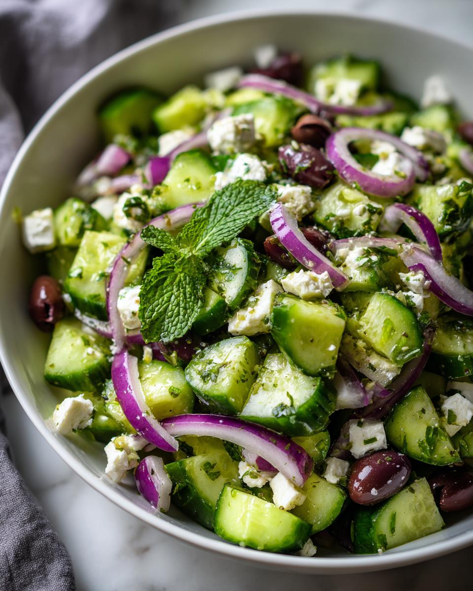 Close-up of a Refreshing Cucumber Feta Salad Recipe with diced cucumbers, feta cheese, red onion, and Kalamata olives, garnished with mint.