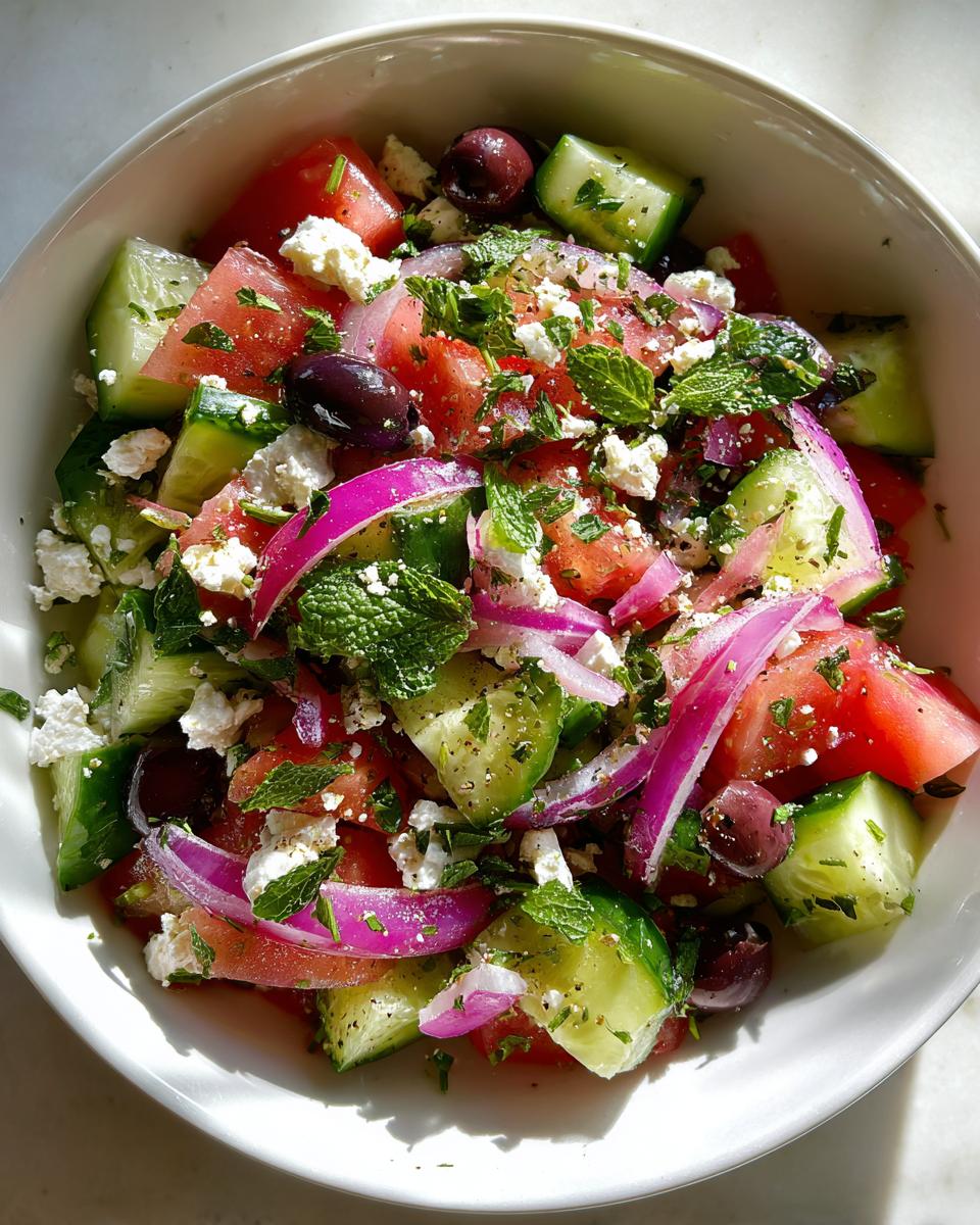Close-up of a refreshing cucumber feta salad with tomatoes, red onion, olives, and mint.