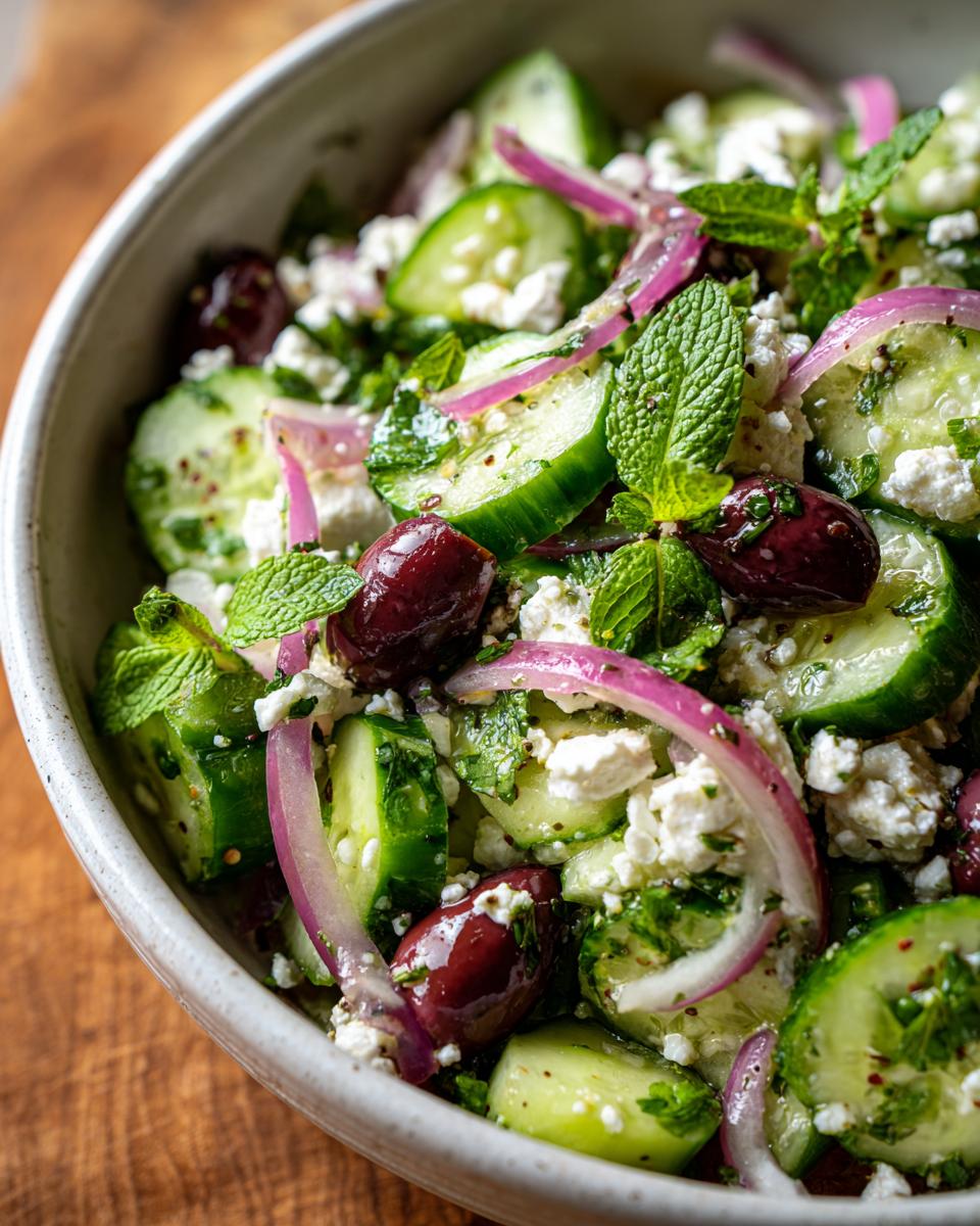 Close-up of a refreshing cucumber feta salad with red onion, olives, mint, and crumbled feta.