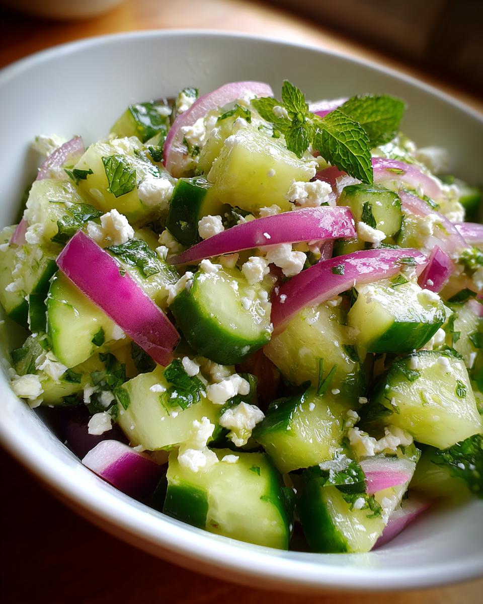 Close-up of a refreshing cucumber feta salad with red onion and mint leaves.