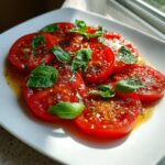 Close-up of Refreshing Marinated Tomatoes Memorial Day Delight, sliced and topped with fresh basil and seasonings.